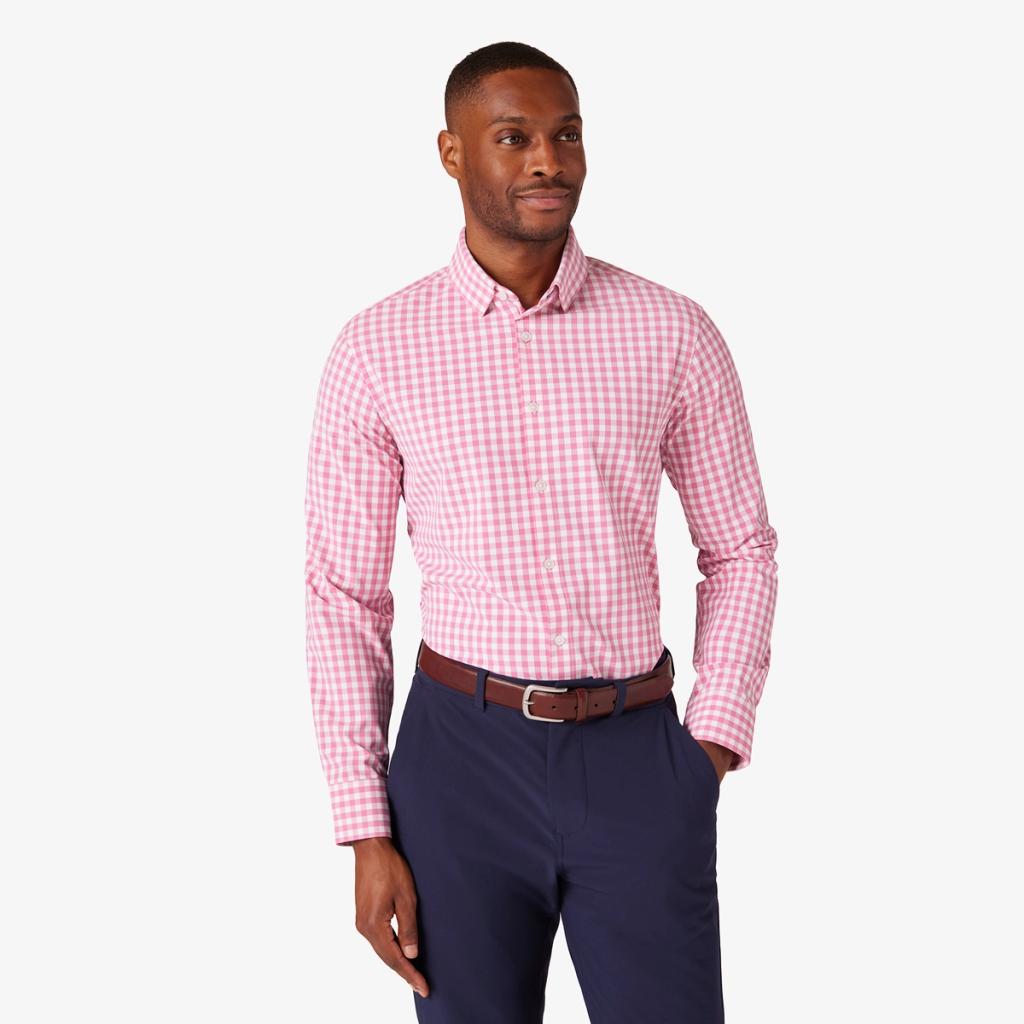 Wholesale,Mizzen + Main, Mizzen + Main Rose Madison Check Trim Four-way Stretch Long Sleeve Leeward Dress Shirt, Pink, Medium-42-TagM
