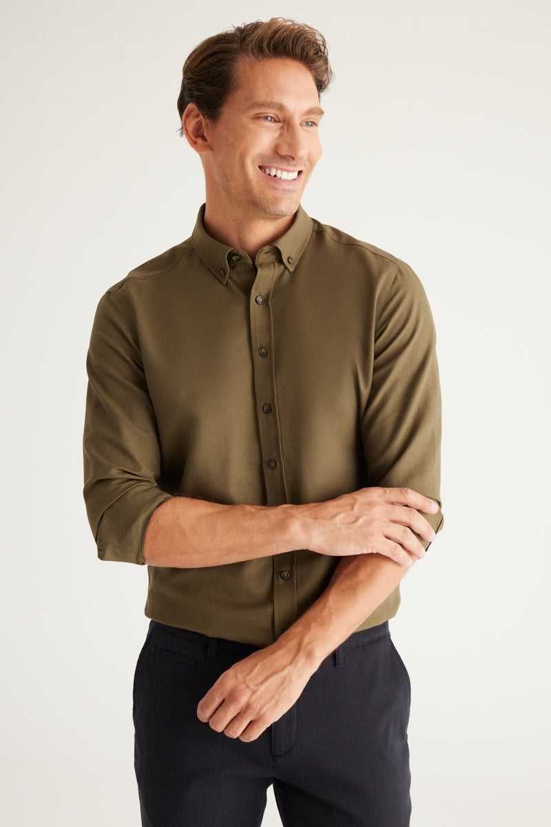 Wholesale,Altinyildiz Classics, Altinyildiz Classics Olive Cotton Oxford Slim Fit Shirt, Green, Medium-44-TagL