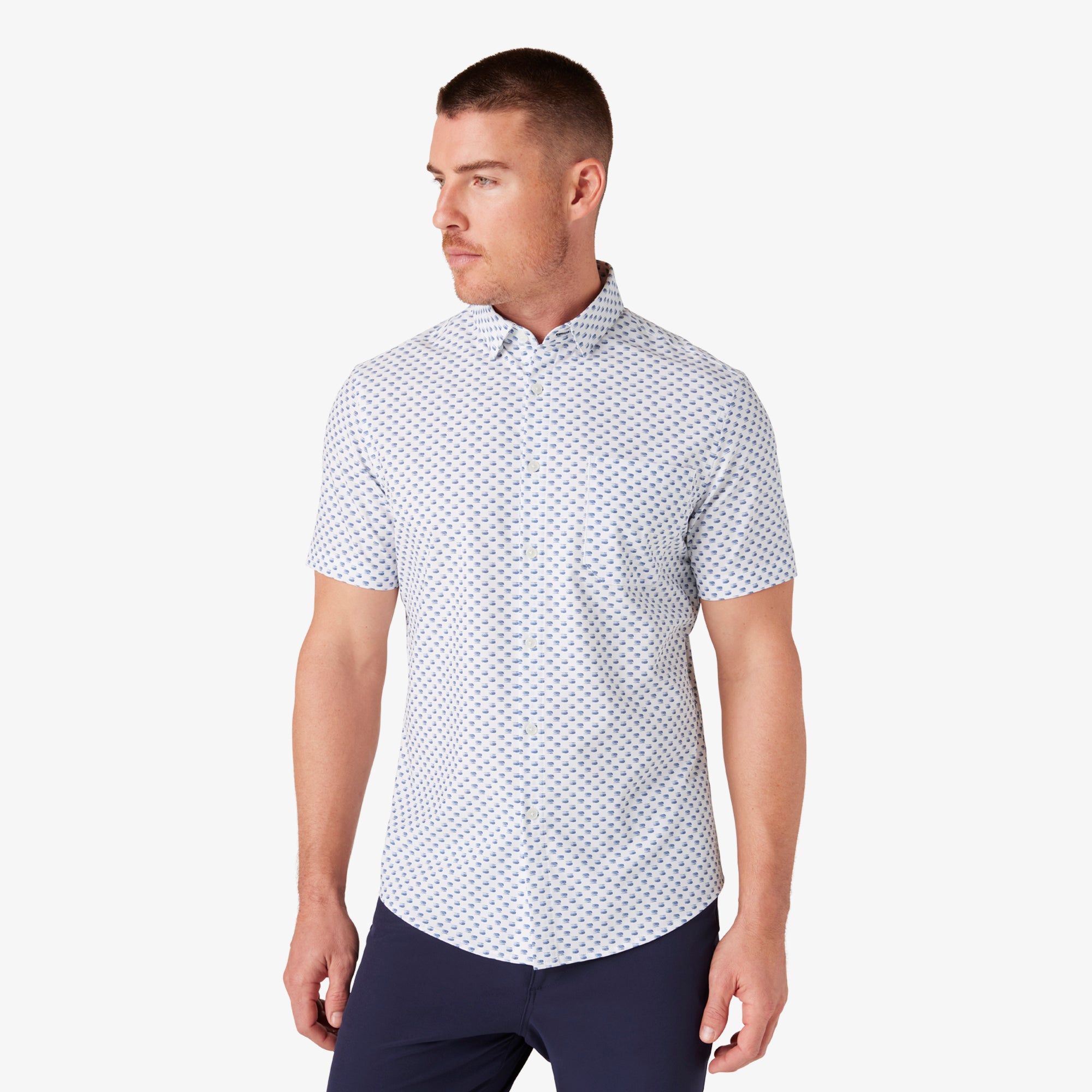 Wholesale,Mizzen + Main, Mizzen + Main White Geo Print Trim Fit Short Sleeve Shirt, White, Large-45-TagL