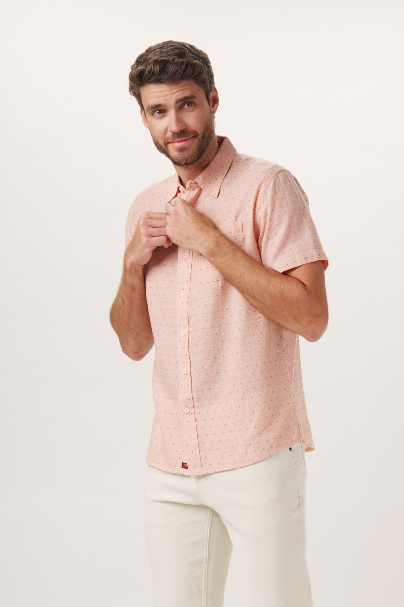 Wholesale,The Normal Brand, The Normal Brand Pastel Orange Dobby Short Sleeve Button Up Shirt, Orange, Small-38-TagSMedium-43-TagMLarge-46-TagLExtra Large-49-TagXLSmall-40-TagS