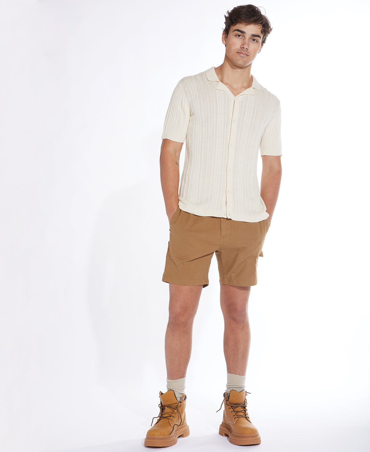 Wholesale,Civil Society, Civil Society Cream Cable Sweater Knit Short Sleeve Resort Shirt, Cream, Medium-42-TagM