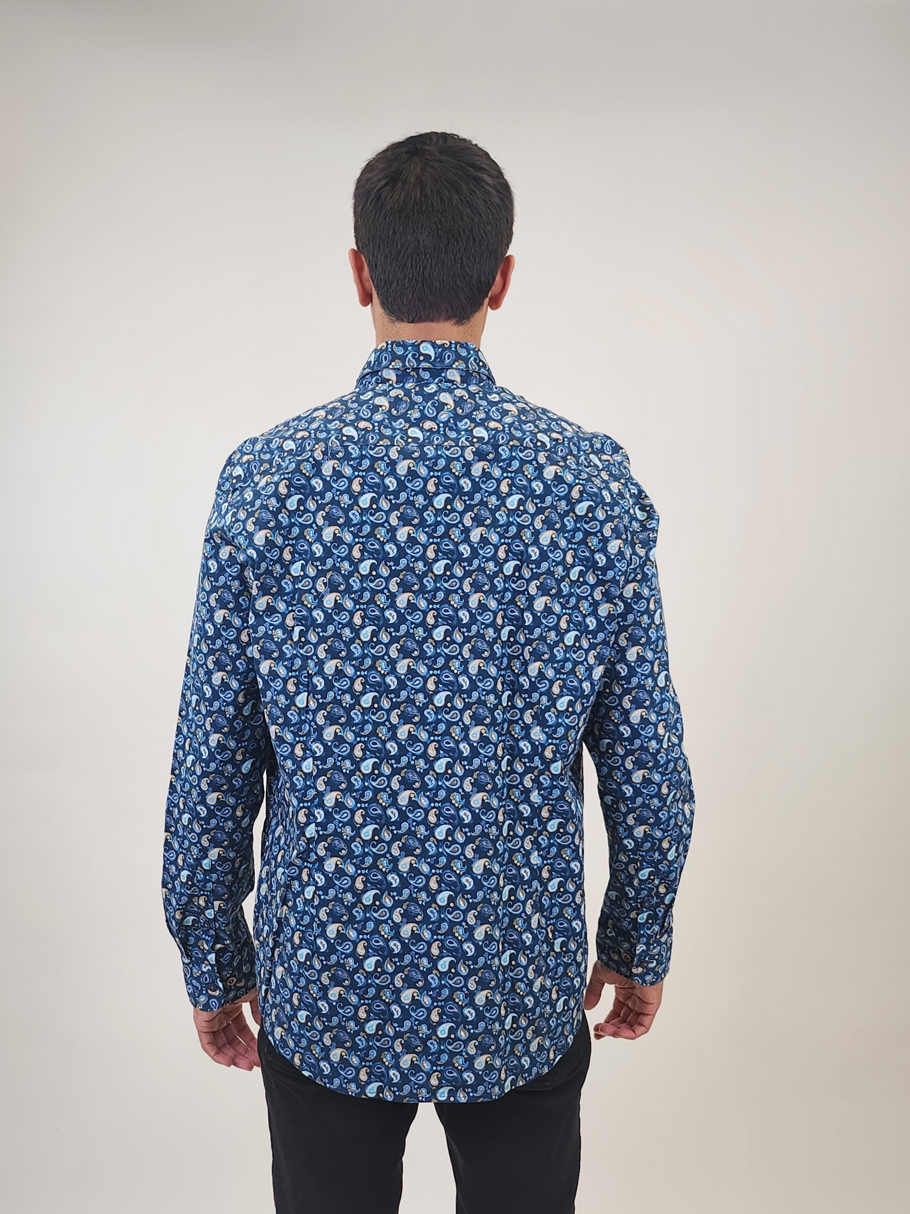 Brand Partner,R2 Amsterdam, R2 Amsterdam Blue Paisley Print Stretch Long Sleeve Shirt, Blue, Extra Extra Large-50-Tag44