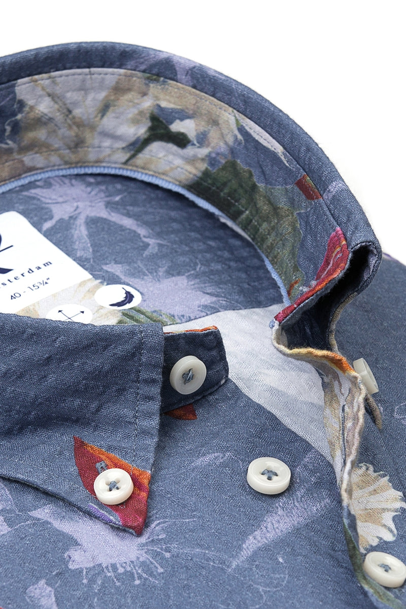 Direct From Brand,R2 Amsterdam, R2 Amsterdam Multicolor Floral Print Seersucker Short Sleeve Button Up Shirt, Blue, Medium-43-Tag40Large-45-Tag41Large-46-Tag42Medium-42-Tag39