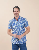 R2 Amsterdam Blue Floral Print Cotton Short Sleeve Shirt