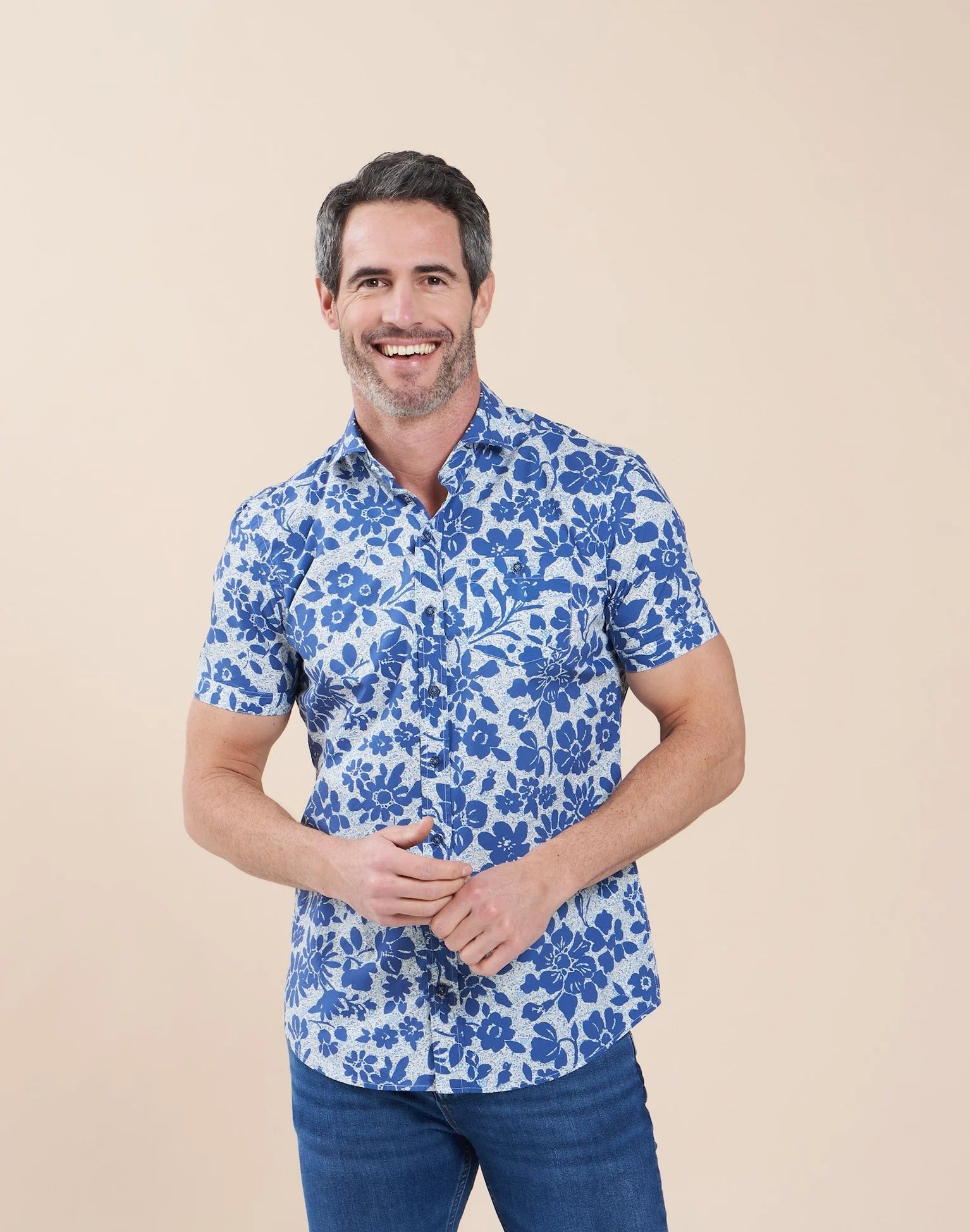 Brand Partner,R2 Amsterdam, R2 Amsterdam Blue Floral Print Cotton Short Sleeve Shirt, Blue, Medium-44-Tag42