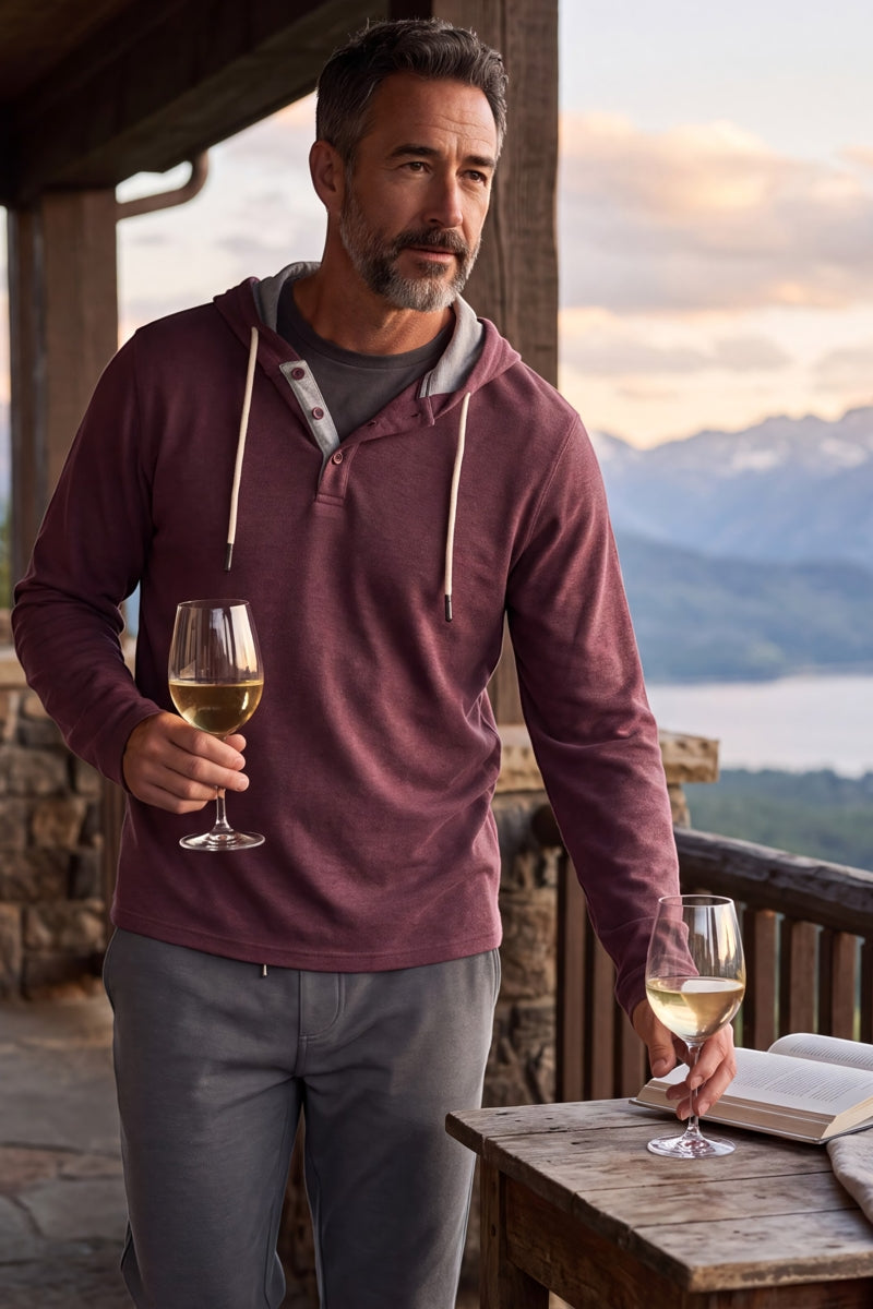 Wholesale,Fundamental Coast, Fundamental Coast Wine Soft Henley Hoodie, Purple, Medium-46-TagMLarge-48-TagLExtra Large-50-TagXL