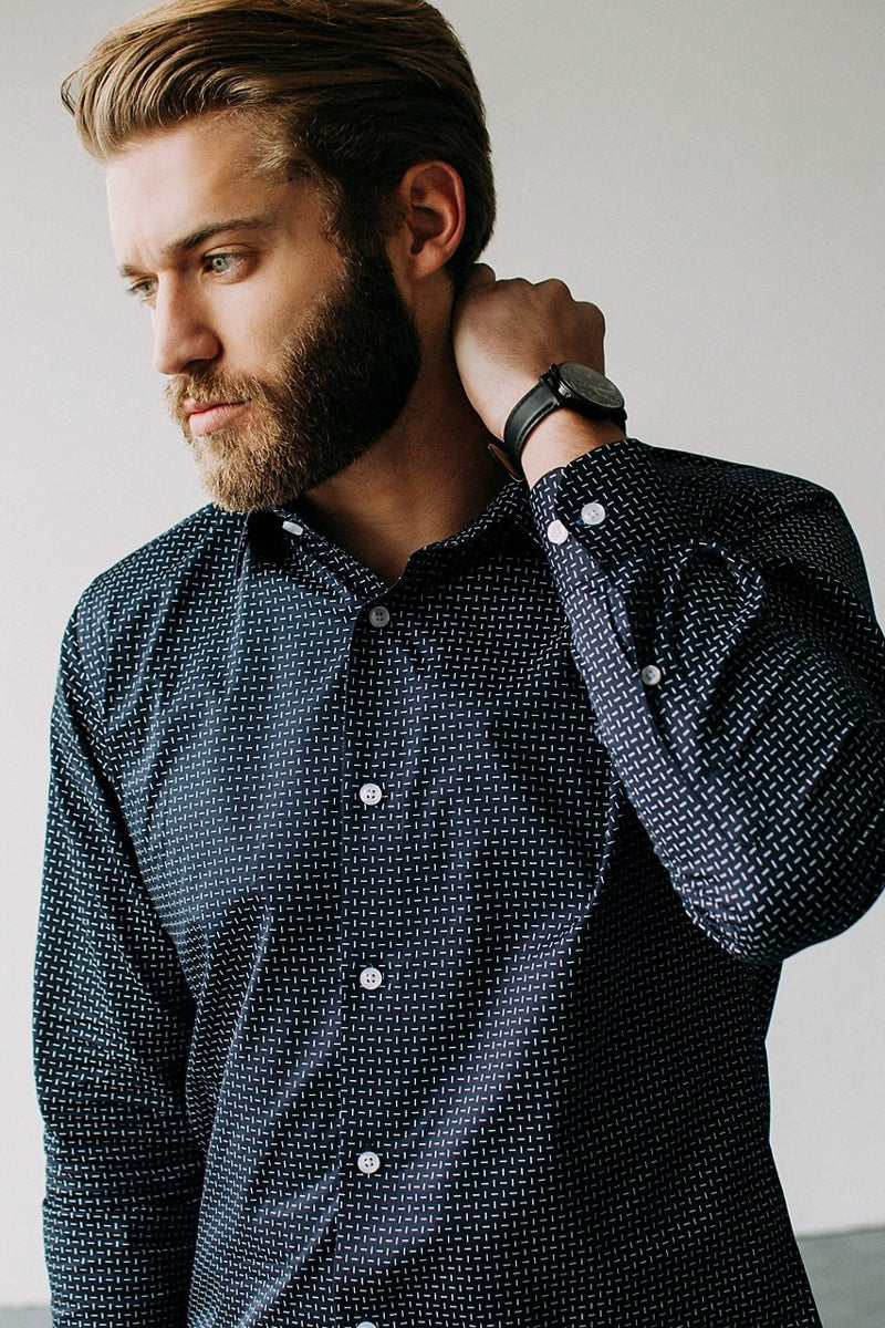 Faire,Alynn, Alynn Navy with White Dot Print Slim Fit Shirt, Blue, Extra Large-48-TagXL
