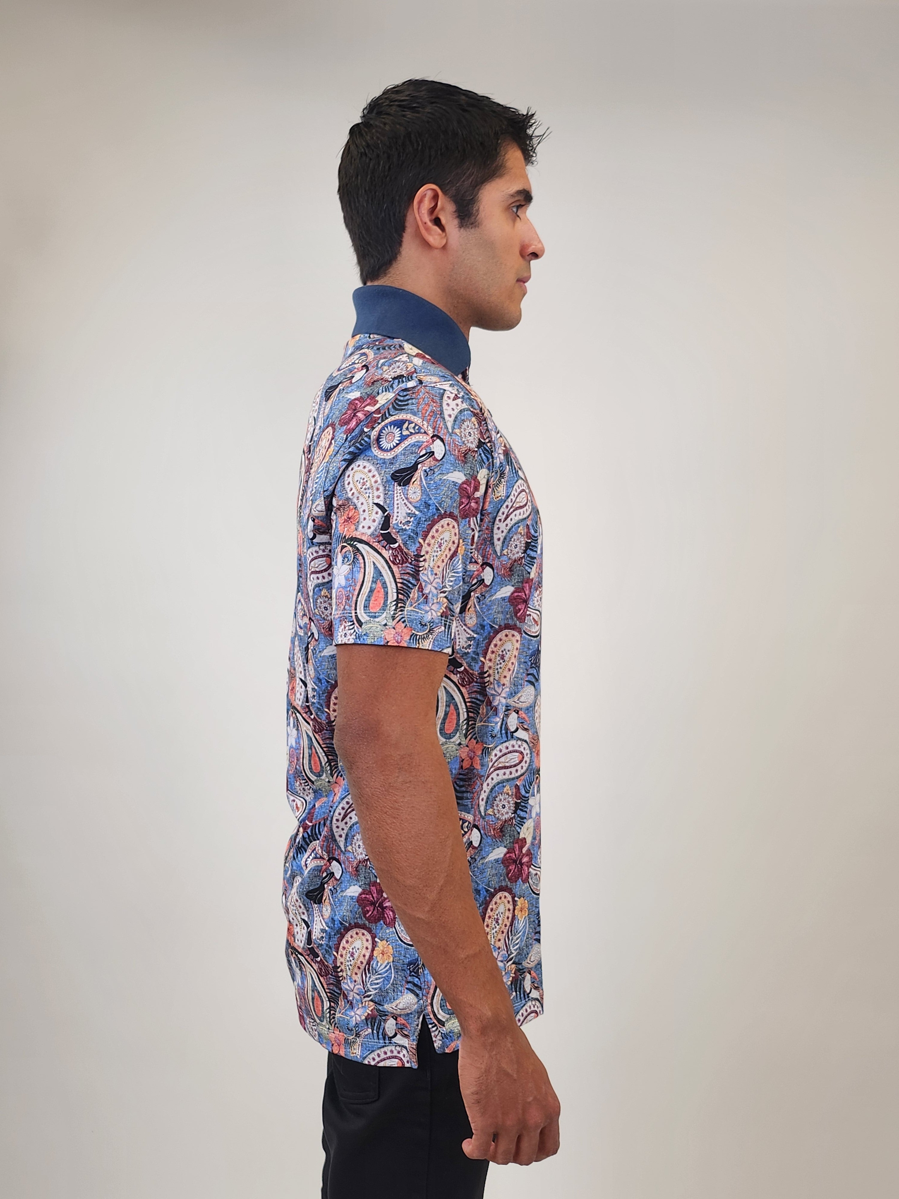 Brand Partner,R2 Amsterdam, R2 Amsterdam Blue Paisley Print Short Sleeve Polo, Blue, Large-42-TagL