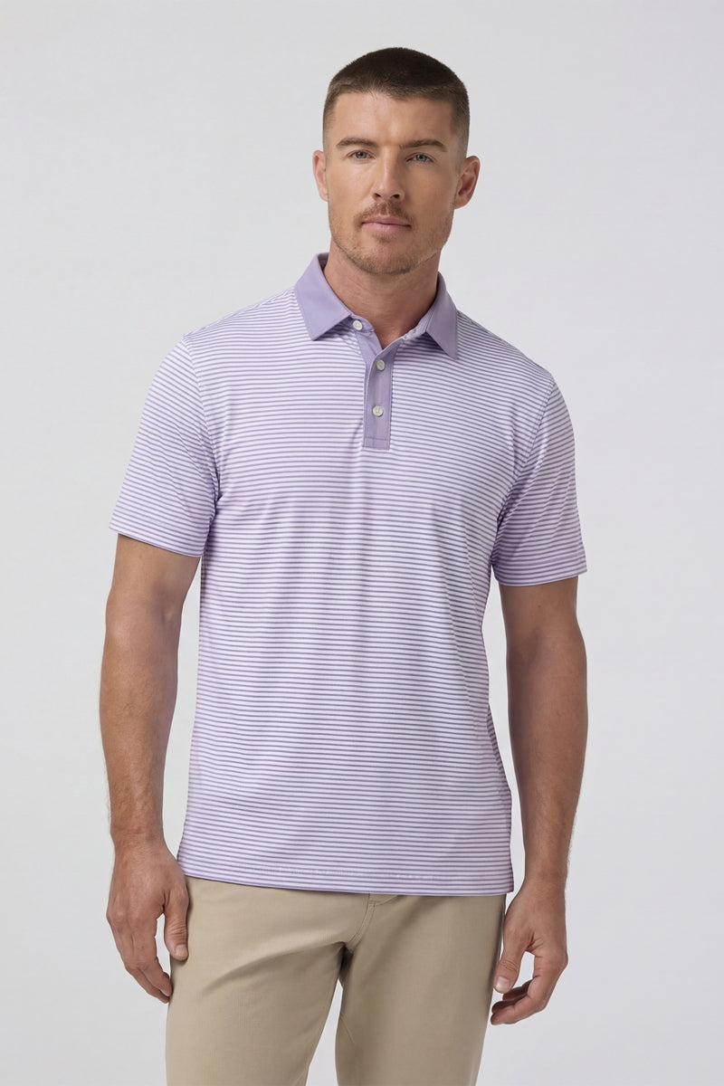 Wholesale,Mizzen + Main, Mizzen + Main Purple Dusk Stripe Knit Trim Fit Polo, Purple, Small-40-TagSMedium-42-TagMLarge-45-TagLExtra Large-48-TagXLExtra Extra Large-50-TagXXL