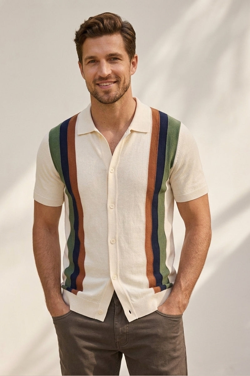 Wholesale,Mizumi, Mizumi Cream Color Block Multi-Stripe Knit Shirt, Cream, Extra Large-48-TagXXL