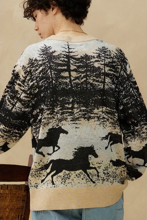 Wholesale,Kuwalla, Kuwalla Black/Tan Wild Stallion Printed Jacquard Knit Sweater, Black, Large-46-TagMExtra Large-48-TagLExtra Large-50-TagXLExtra Extra Large-52-TagXXLLarge-48-TagL