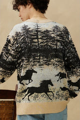 Kuwalla Black/Tan Wild Stallion Printed Jacquard Knit Sweater