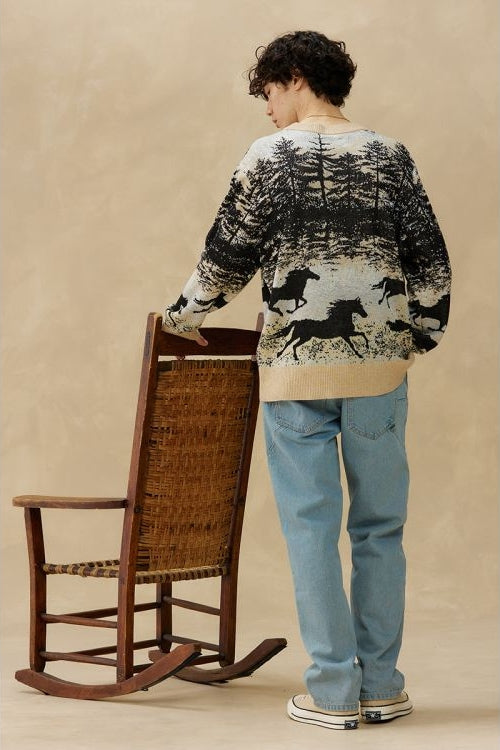 Kuwalla Black/Tan Wild Stallion Printed Jacquard Knit Sweater