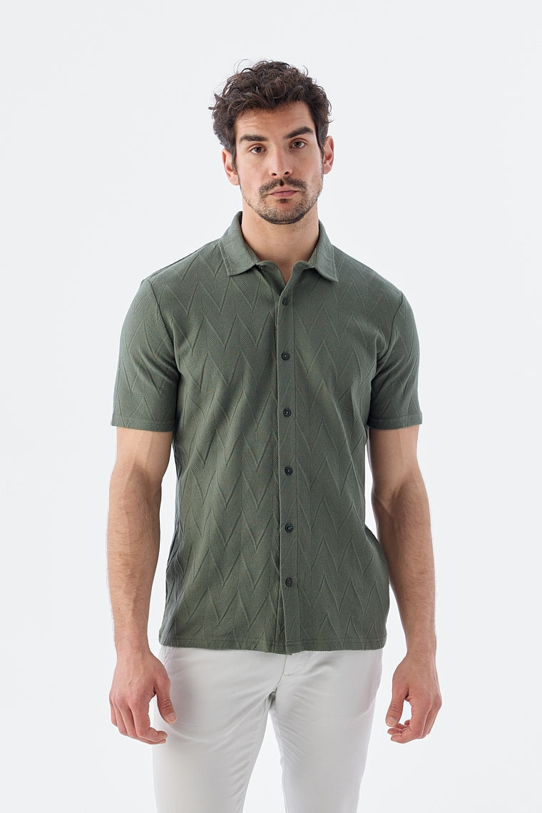 Wholesale,Jakamen, Jakamen Khaki Green Zigzag Textured Slim Fit Shirt, Green, Small-40-TagS