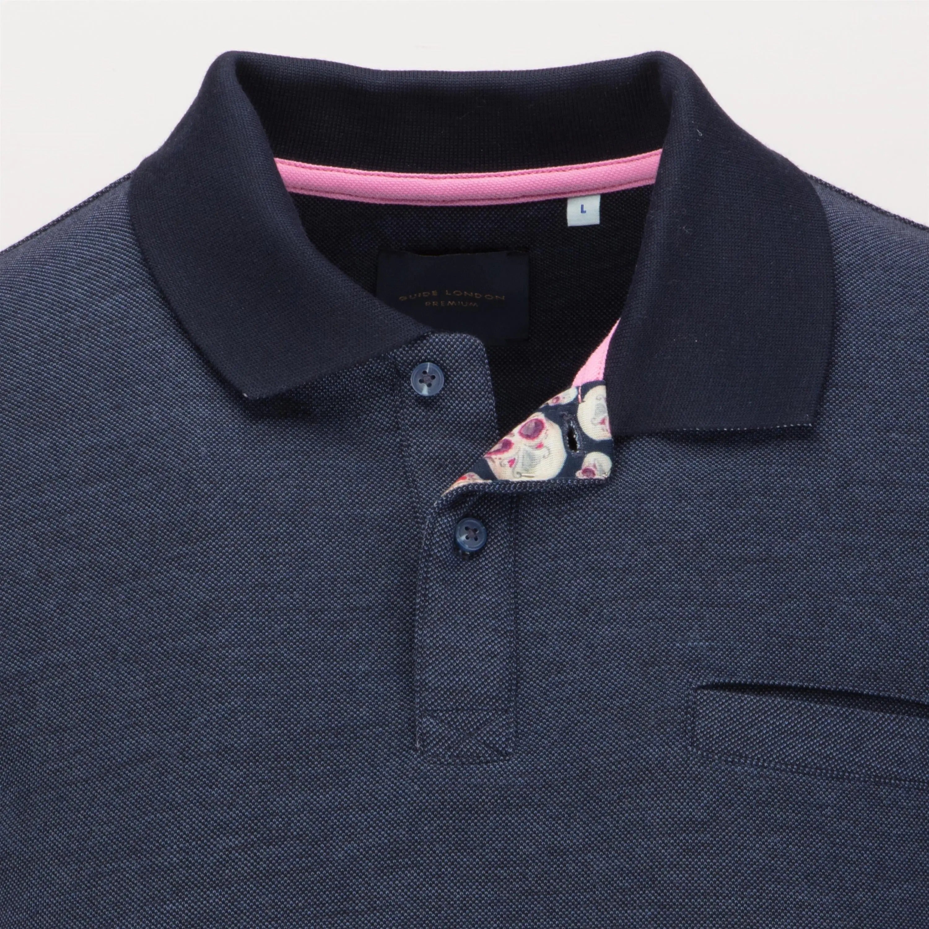 Faire,Guide London, Guide London Navy Hidden Skull Print Inside Placket Short Sleeve Polo, Blue, Medium-41-TagM