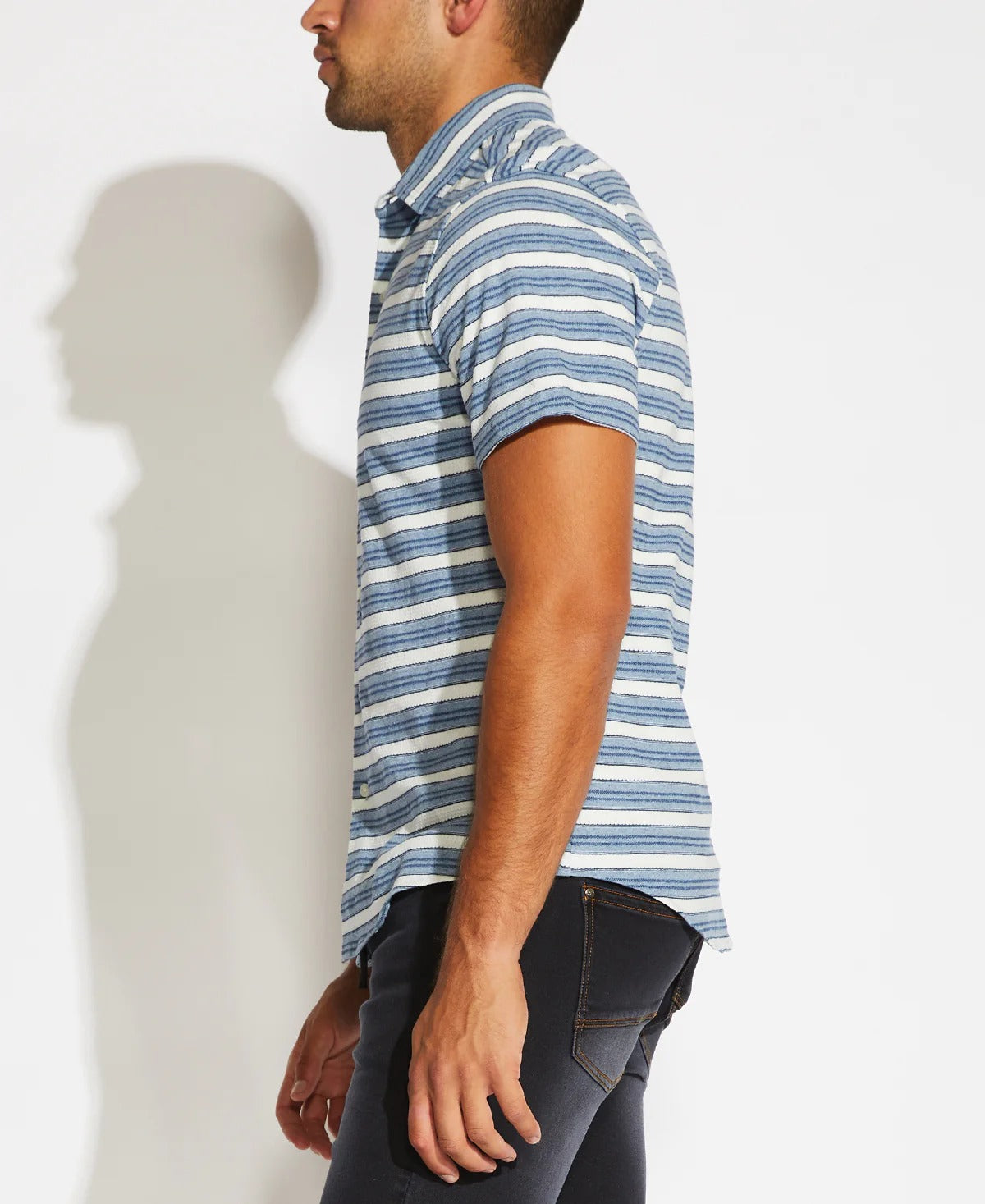 Wholesale,Civil Society, Civil Society Indigo Stripe Button Up Knit Short Sleeve Shirt, Blue, Large-43-TagXL