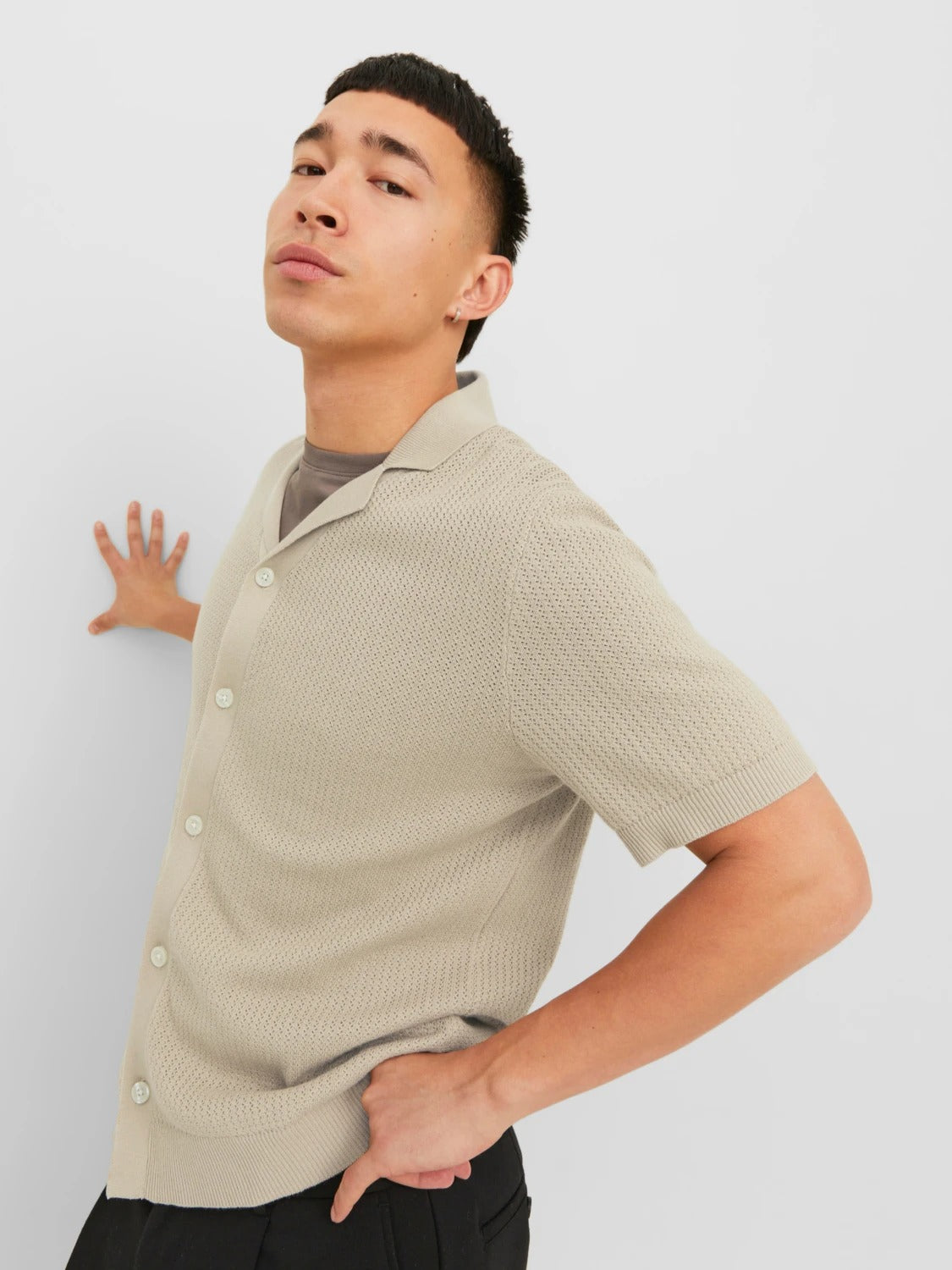 Wholesale,Jack & Jones, Jack & Jones Beige Knit Short Sleeve Shirt, Tan, Medium-41-TagM