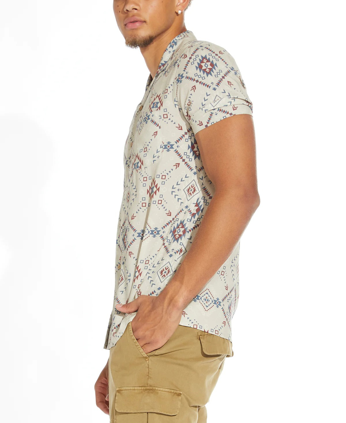 Wholesale,Civil Society, Civil Society Oatmeal Tribal Print Short Sleeve Shirt, Tan, Large-46-TagL