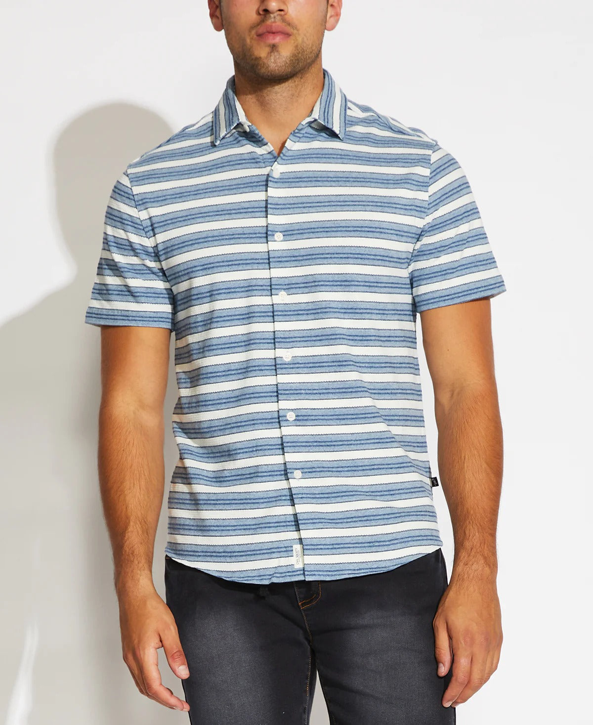 Wholesale,Civil Society, Civil Society Indigo Stripe Button Up Knit Short Sleeve Shirt, Blue, Extra Extra Large-50-TagXXLExtra Large-46-TagXLLarge-44-TagLMedium-42-TagLMedium-42-TagMSmall-40-TagSLarge-43-TagXLLarge-45-TagXL