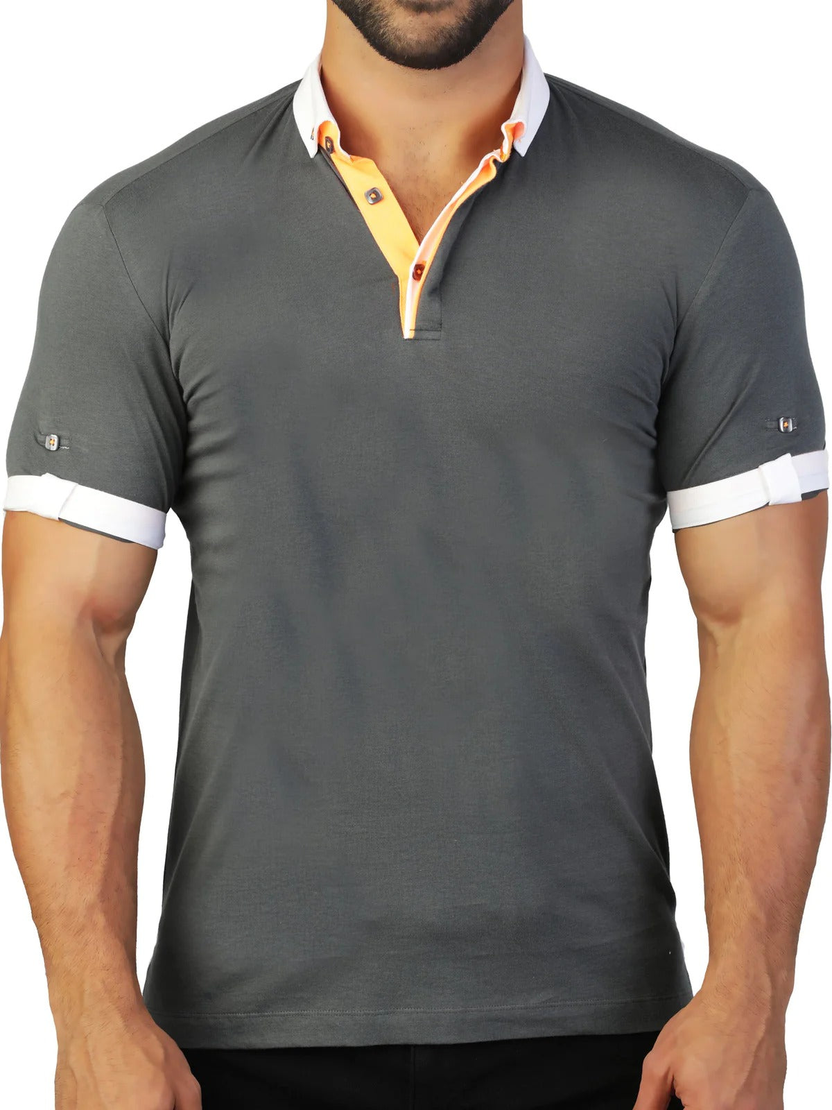 ,Maceoo, Maceoo Grey Short Sleeve Polo with White/Yellow Contrast, Grey, Small-39-TagM