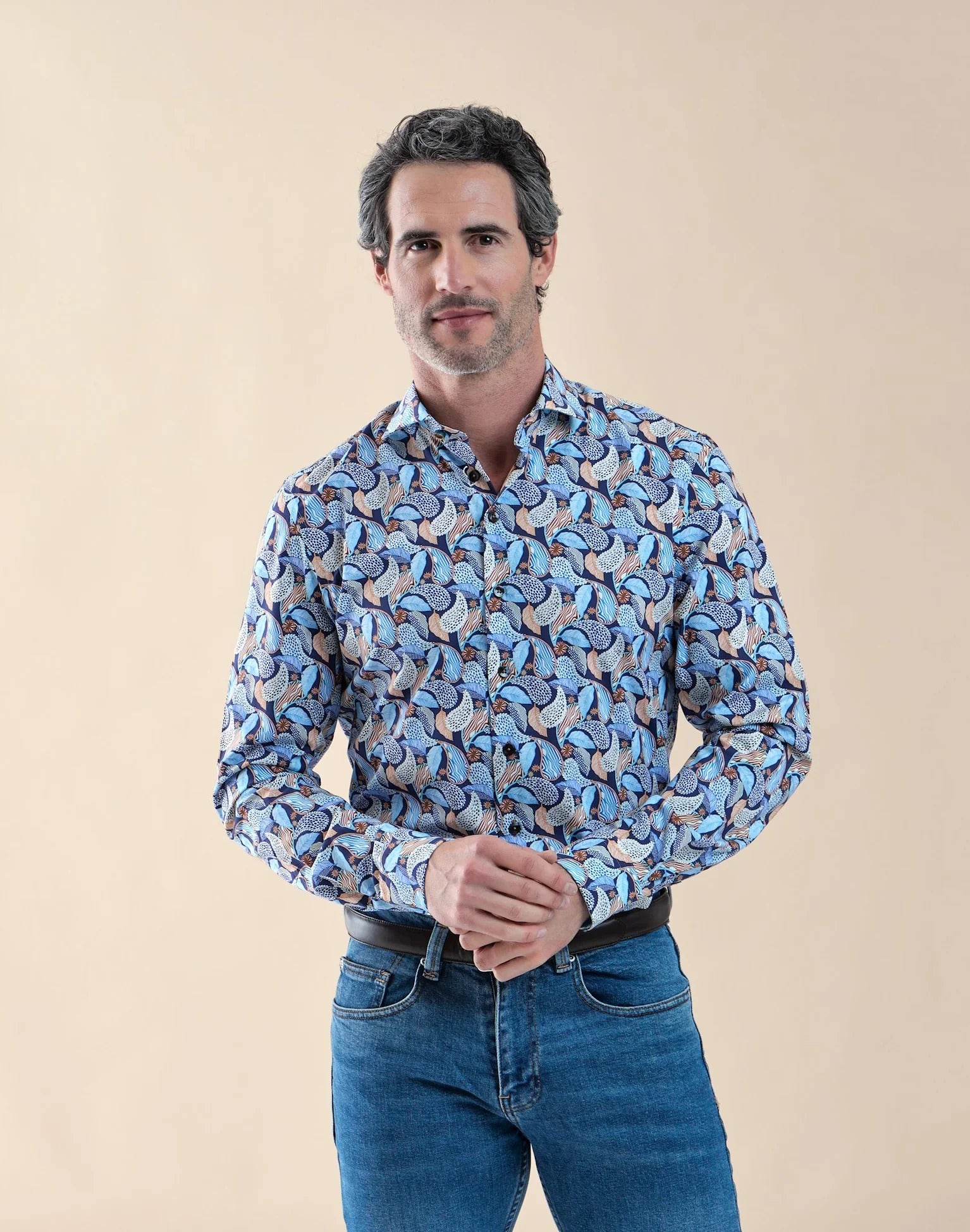 Brand Partner,R2 Amsterdam, R2 Amsterdam Blue Paisley Print Viscose Blend Shirt, Blue, Large-46-Tag42