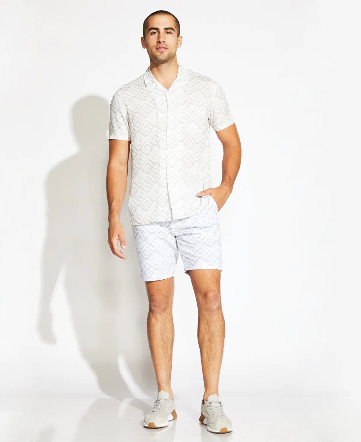 Wholesale,Civil Society, Civil Society White Geometric Print Short Sleeve Shirt, White, Medium-44-TagM