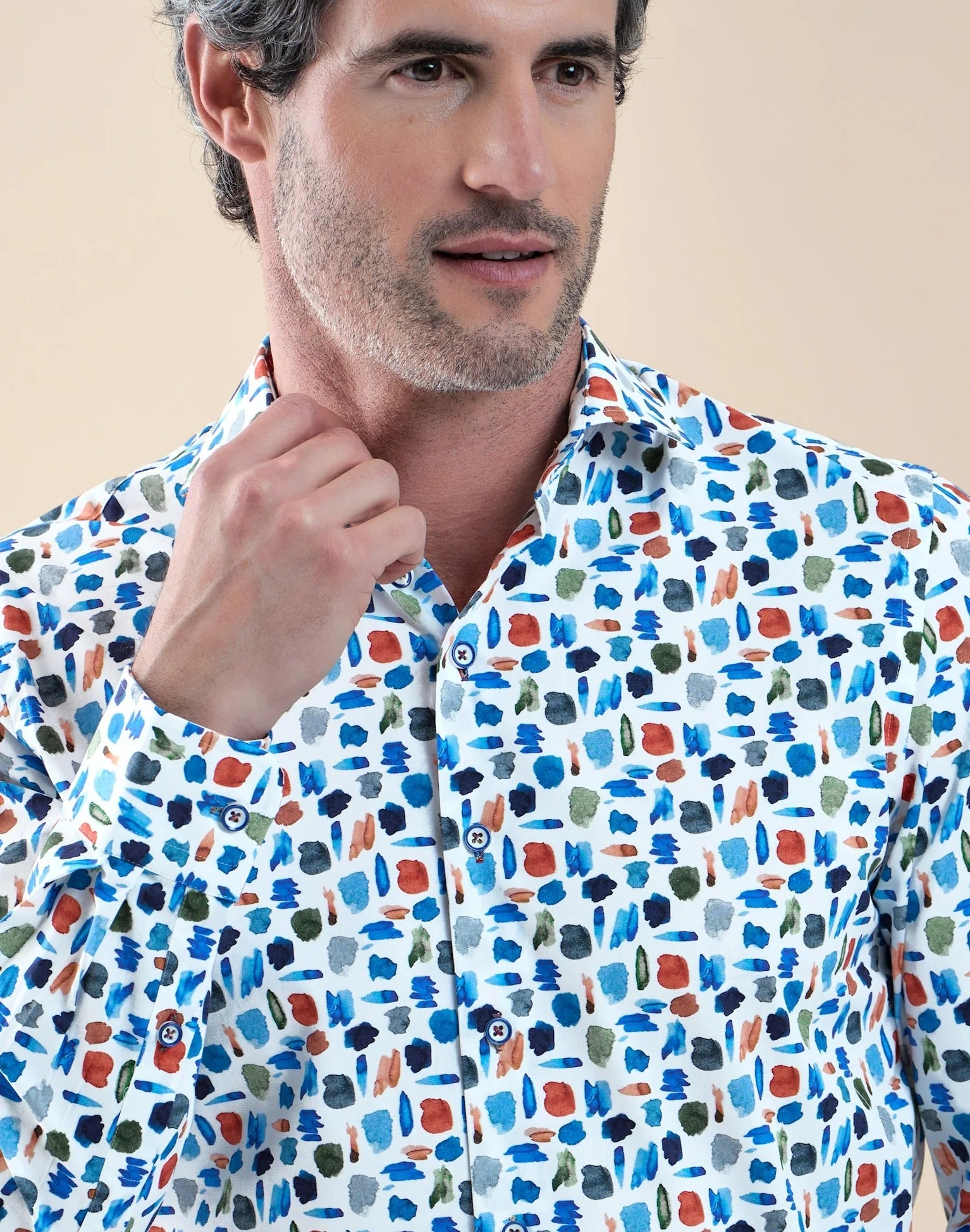 Brand Partner,R2 Amsterdam, R2 Amsterdam White Watercolor Paint Stretch Shirt, White, Small-41-Tag39