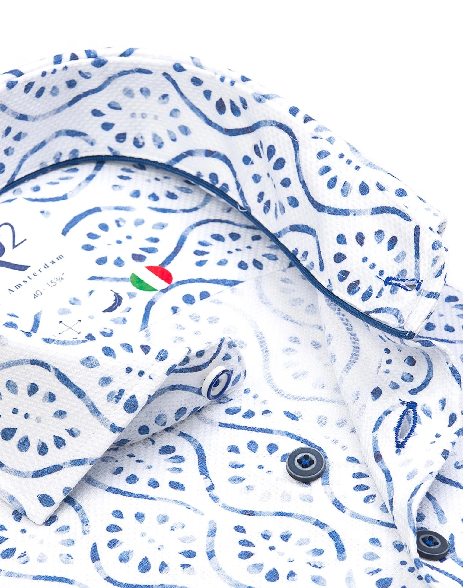 Brand Partner,R2 Amsterdam, R2 Amsterdam White/Blue Abstract Print Dobby Cotton Shirt, White, Medium-44-Tag41