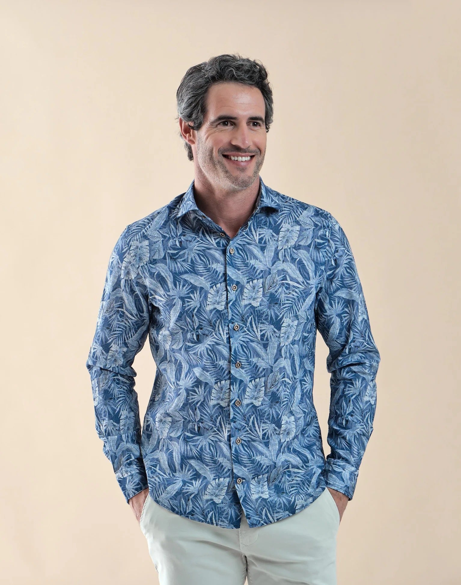 Brand Partner,R2 Amsterdam, R2 Amsterdam Blue Leaf Print Linen Shirt, Blue, Medium-44-Tag41