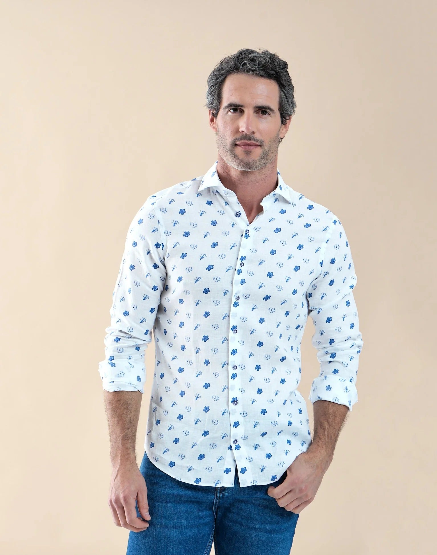 Brand Partner,R2 Amsterdam, R2 Amsterdam White/Blue Floral-Print Linen Shirt, , 