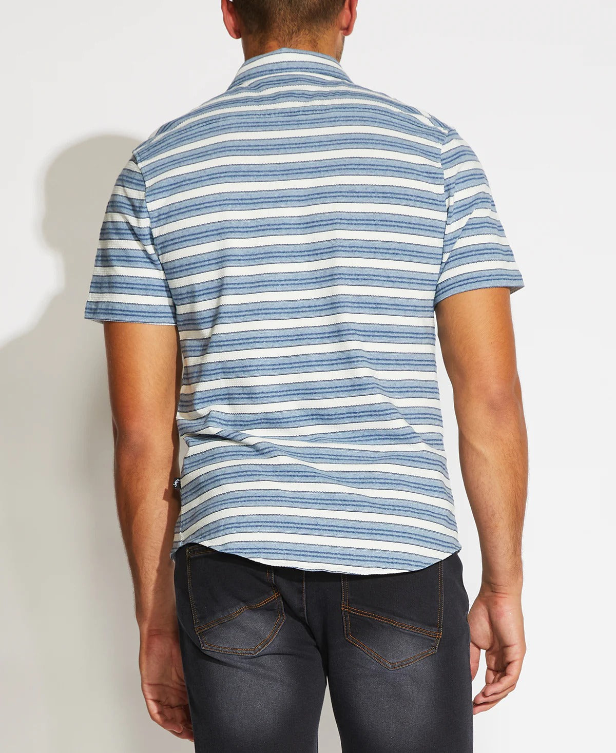 Wholesale,Civil Society, Civil Society Indigo Stripe Button Up Knit Short Sleeve Shirt, Blue, Large-43-TagXL