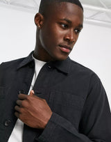 Selected Homme Black Relaxed Fit Herringbone Twill Overshirt With Four Front Pockets