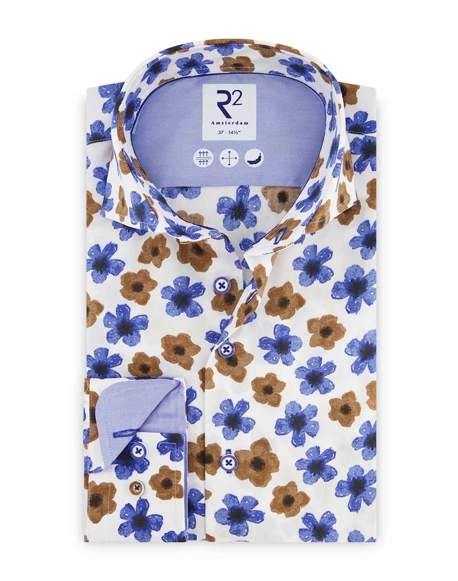 Brand Partner,R2 Amsterdam, R2 Amsterdam Beige-Blue Floral Print Cotton Shirt, Blue, Medium-44-Tag41