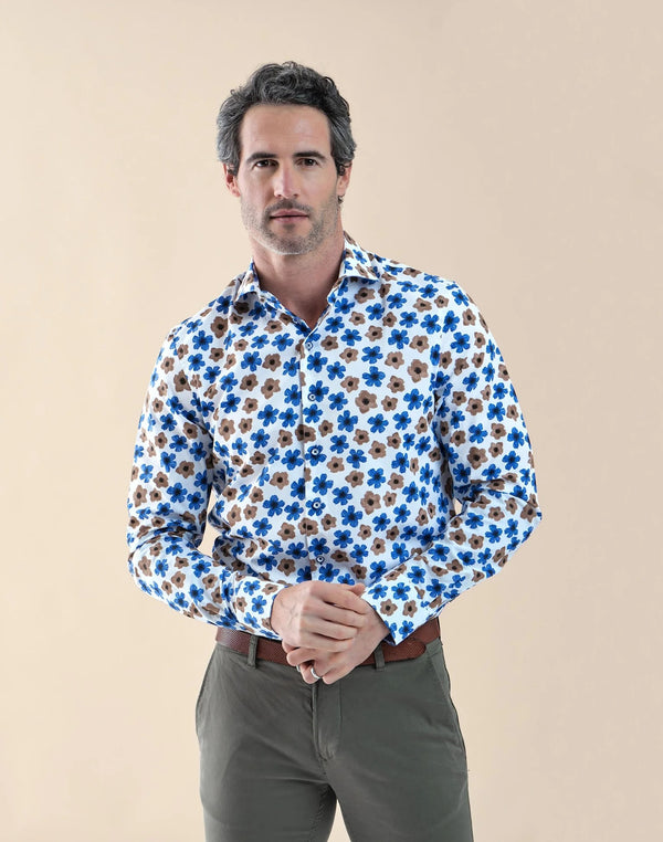 R2 Amsterdam Beige-Blue Floral Print Cotton Shirt