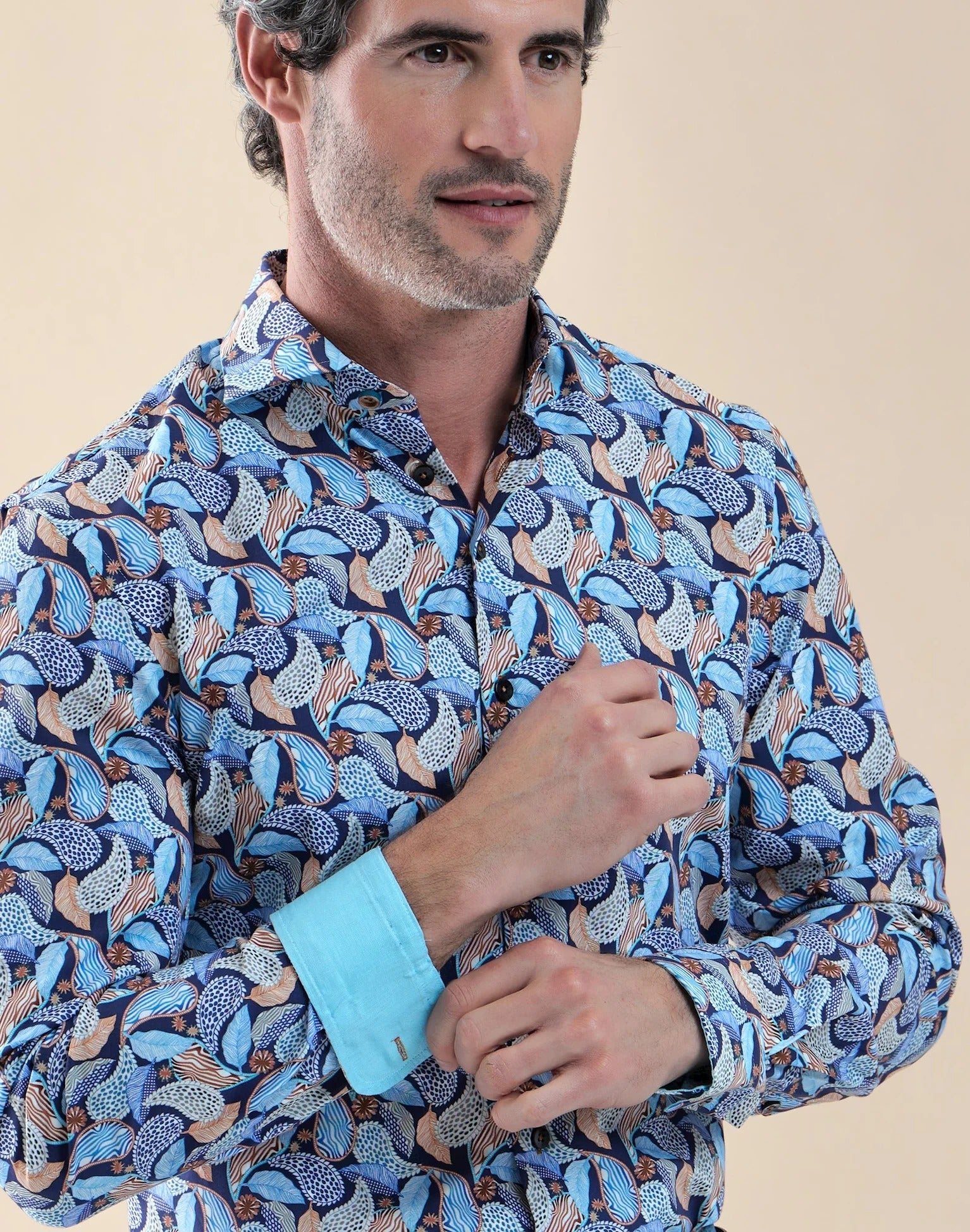 Brand Partner,R2 Amsterdam, R2 Amsterdam Blue Paisley Print Viscose Blend Shirt, Blue, Large-46-Tag42