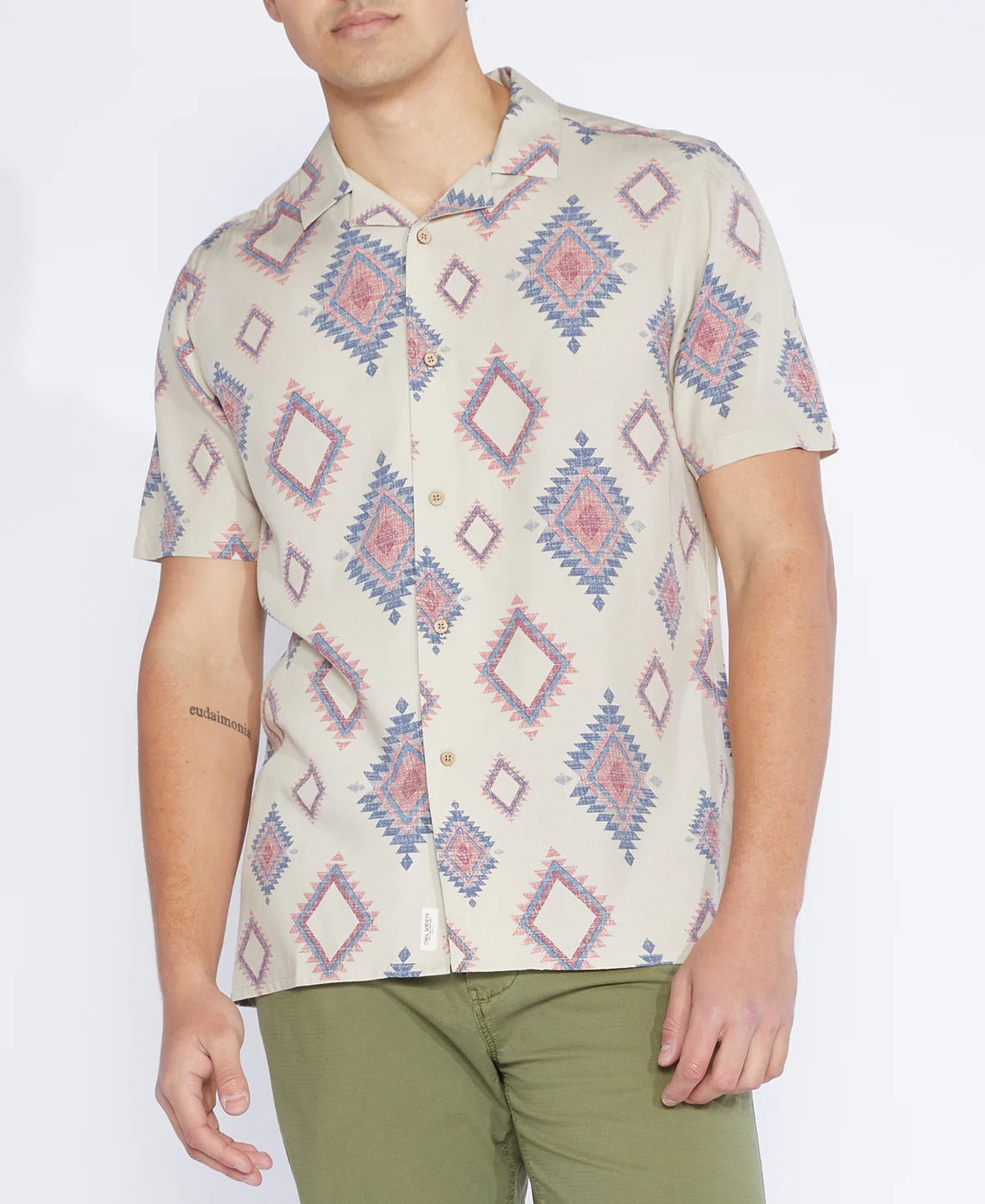 Wholesale,Civil Society, Civil Society Beige Tribal Print Short Sleeve Shirt, Tan, Large-45-TagL