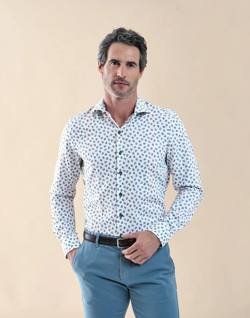 R2 Amsterdam White Multicolor Cup Print Cotton Shirt