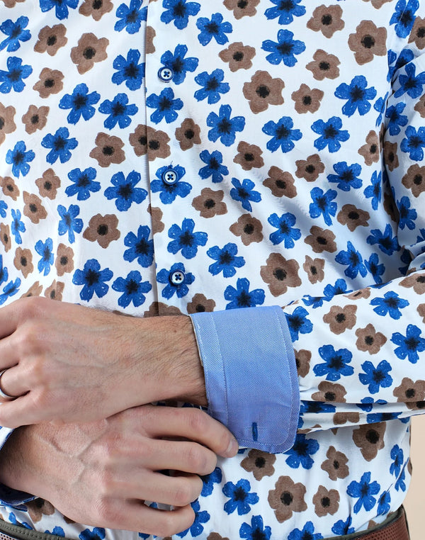 R2 Amsterdam Beige-Blue Floral Print Cotton Shirt