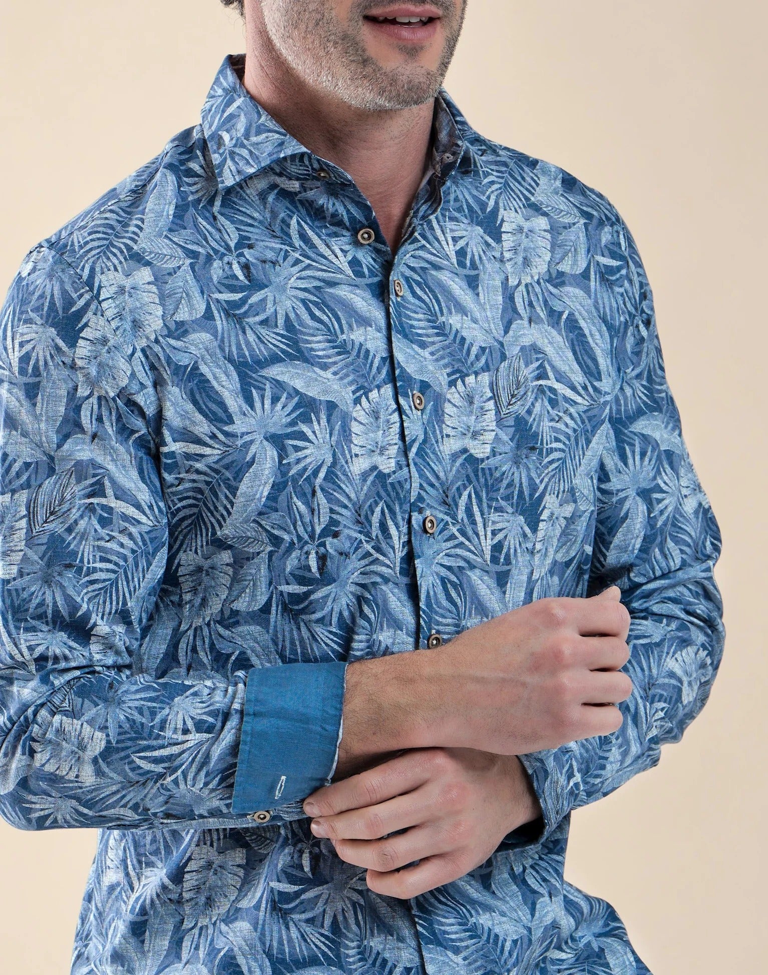 Brand Partner,R2 Amsterdam, R2 Amsterdam Blue Leaf Print Linen Shirt, Blue, Medium-44-Tag41