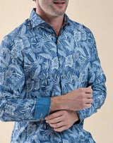 R2 Amsterdam Blue Leaf Print Linen Shirt