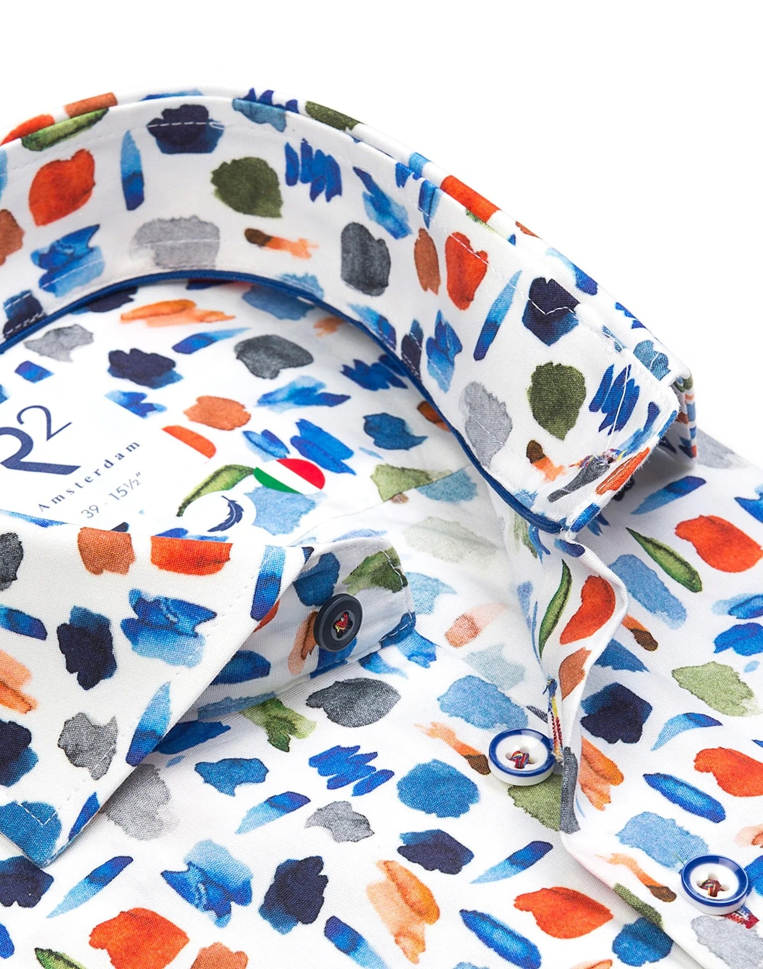 Brand Partner,R2 Amsterdam, R2 Amsterdam White Watercolor Paint Stretch Shirt, White, Small-41-Tag39