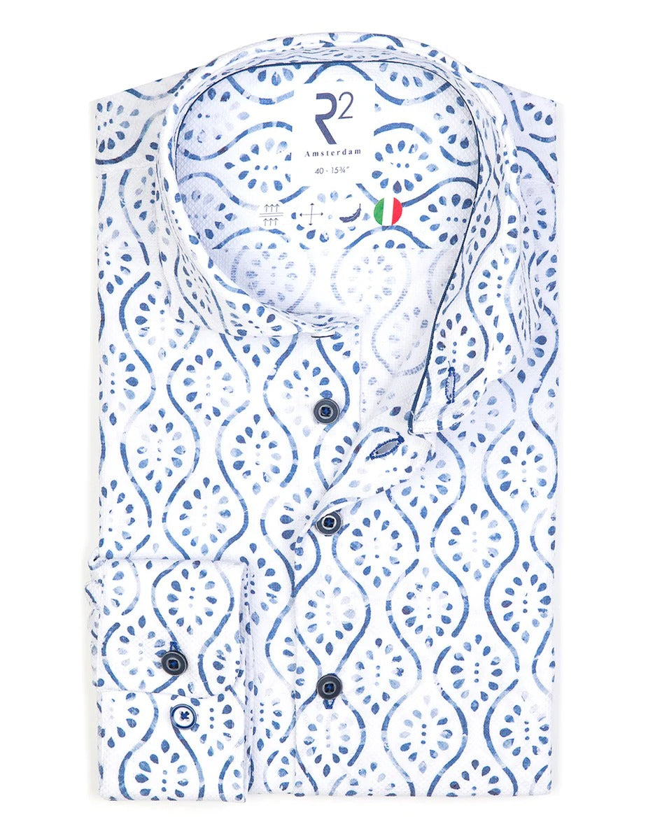 Brand Partner,R2 Amsterdam, R2 Amsterdam White/Blue Abstract Print Dobby Cotton Shirt, White, Medium-44-Tag41