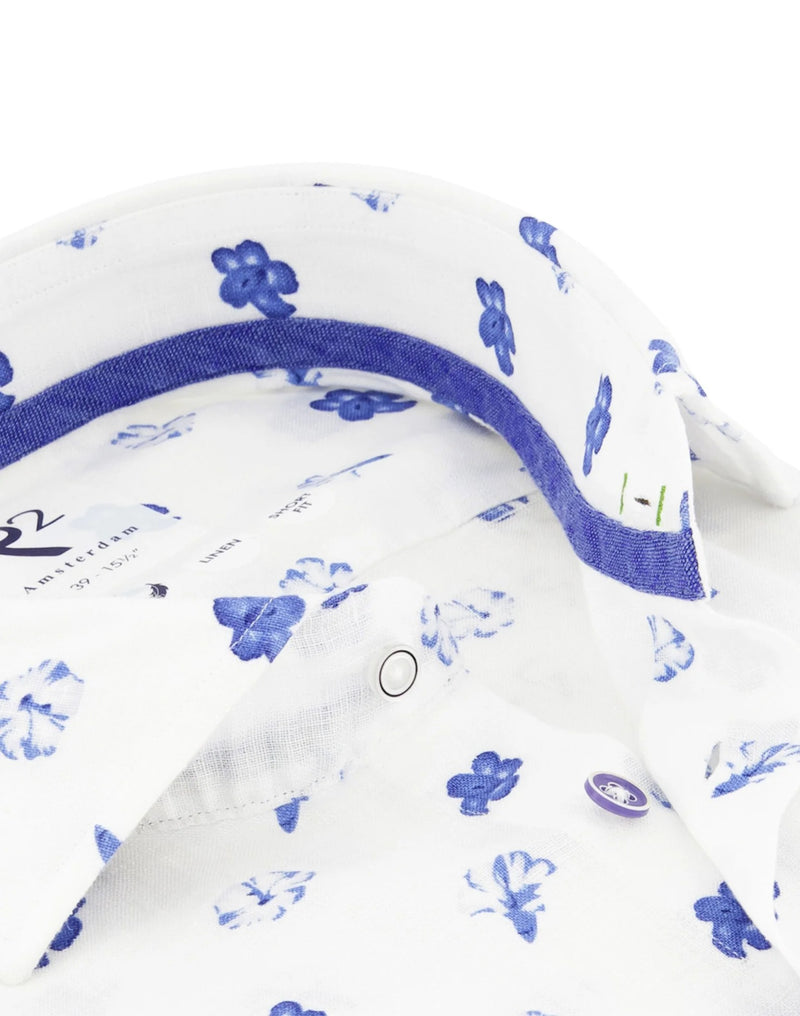 R2 Amsterdam White/Blue Floral-Print Linen Shirt