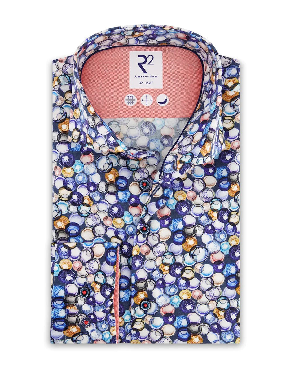 Brand Partner,R2 Amsterdam, R2 Amsterdam Blue Water Glasses Print Stretch Shirt, Blue, Large-44-Tag41