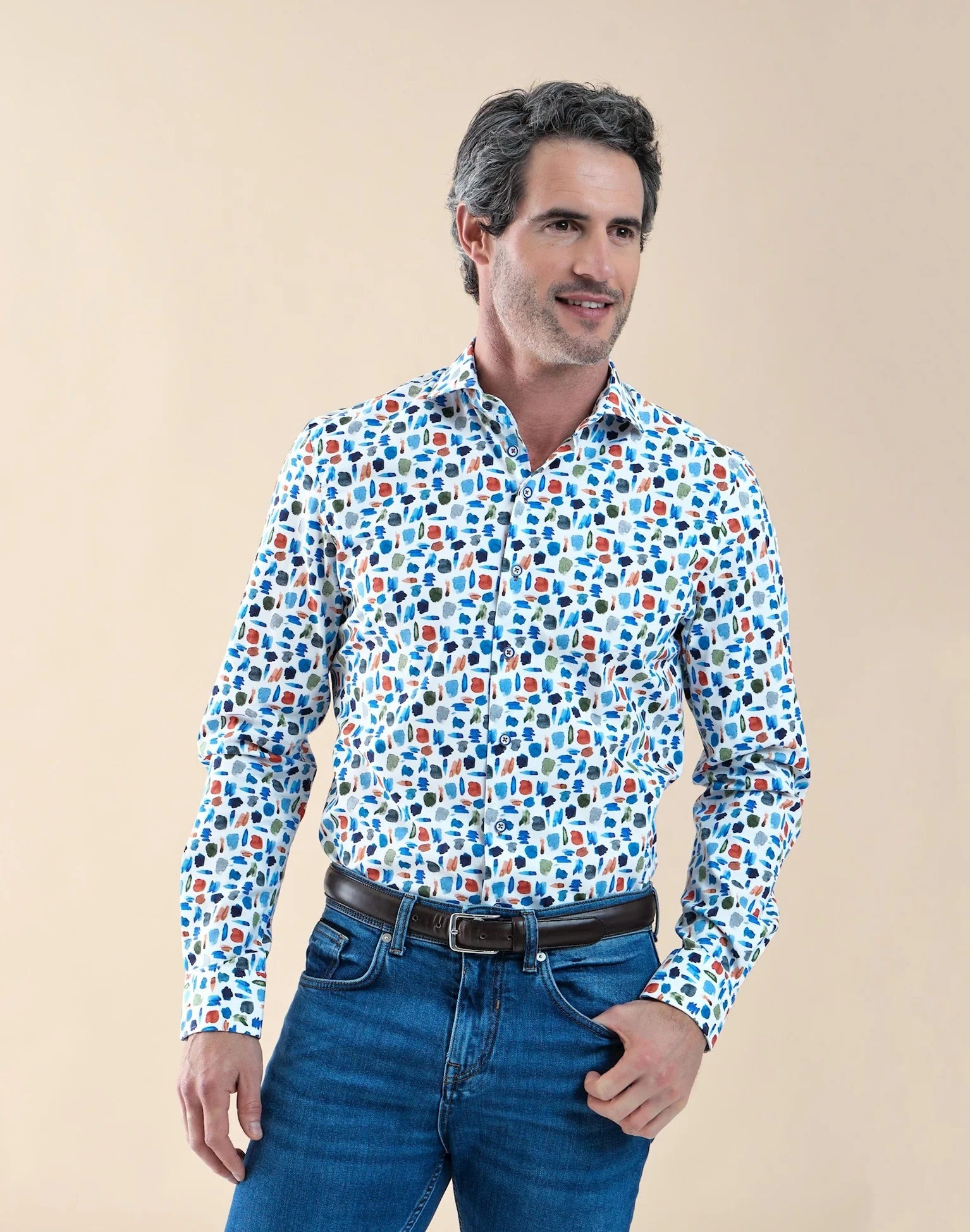 Brand Partner,R2 Amsterdam, R2 Amsterdam White Watercolor Paint Stretch Shirt, White, Small-41-Tag39