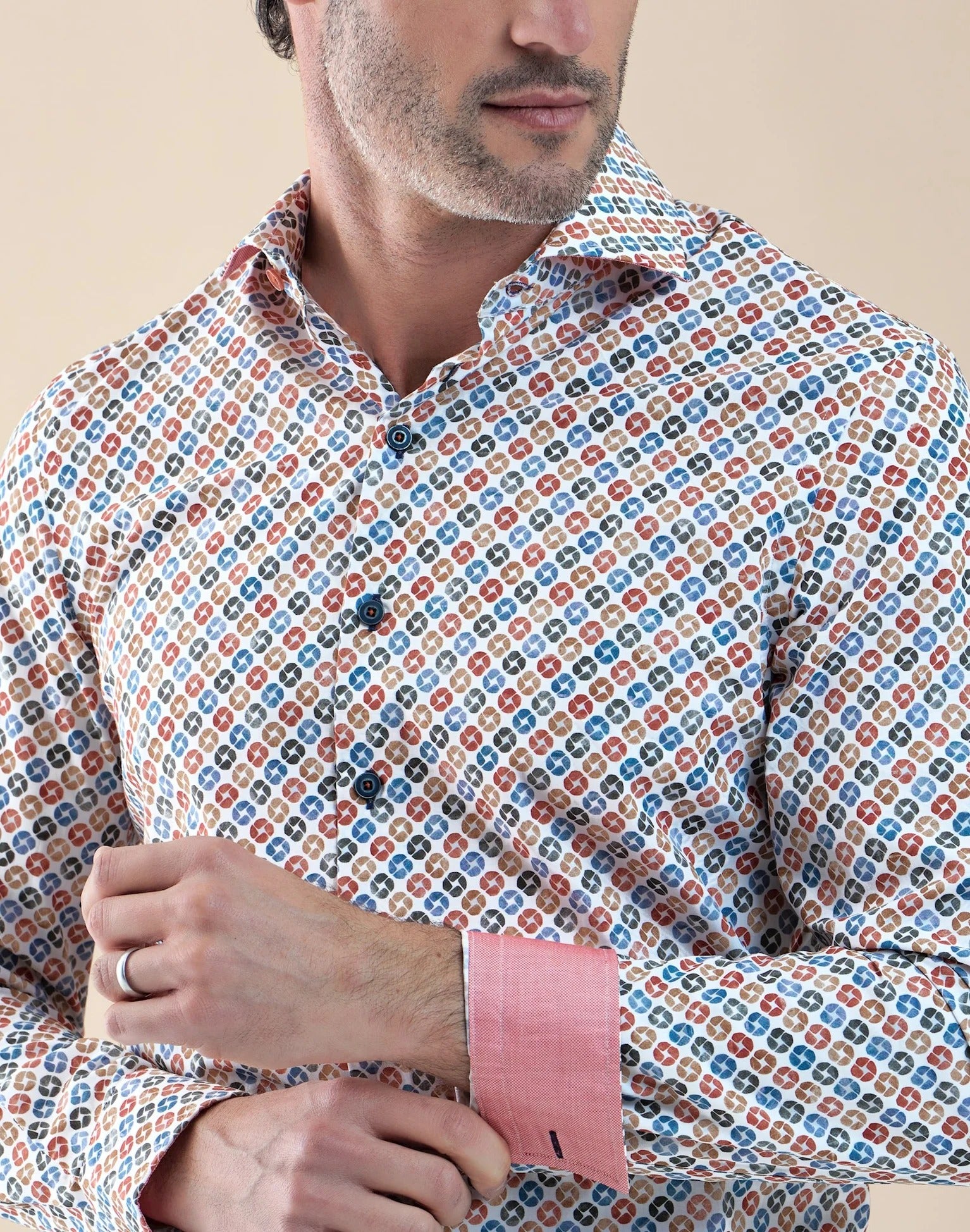 Brand Partner,R2 Amsterdam, R2 Amsterdam Multicolor Cup Print Cotton Shirt, White, Large-46-Tag42