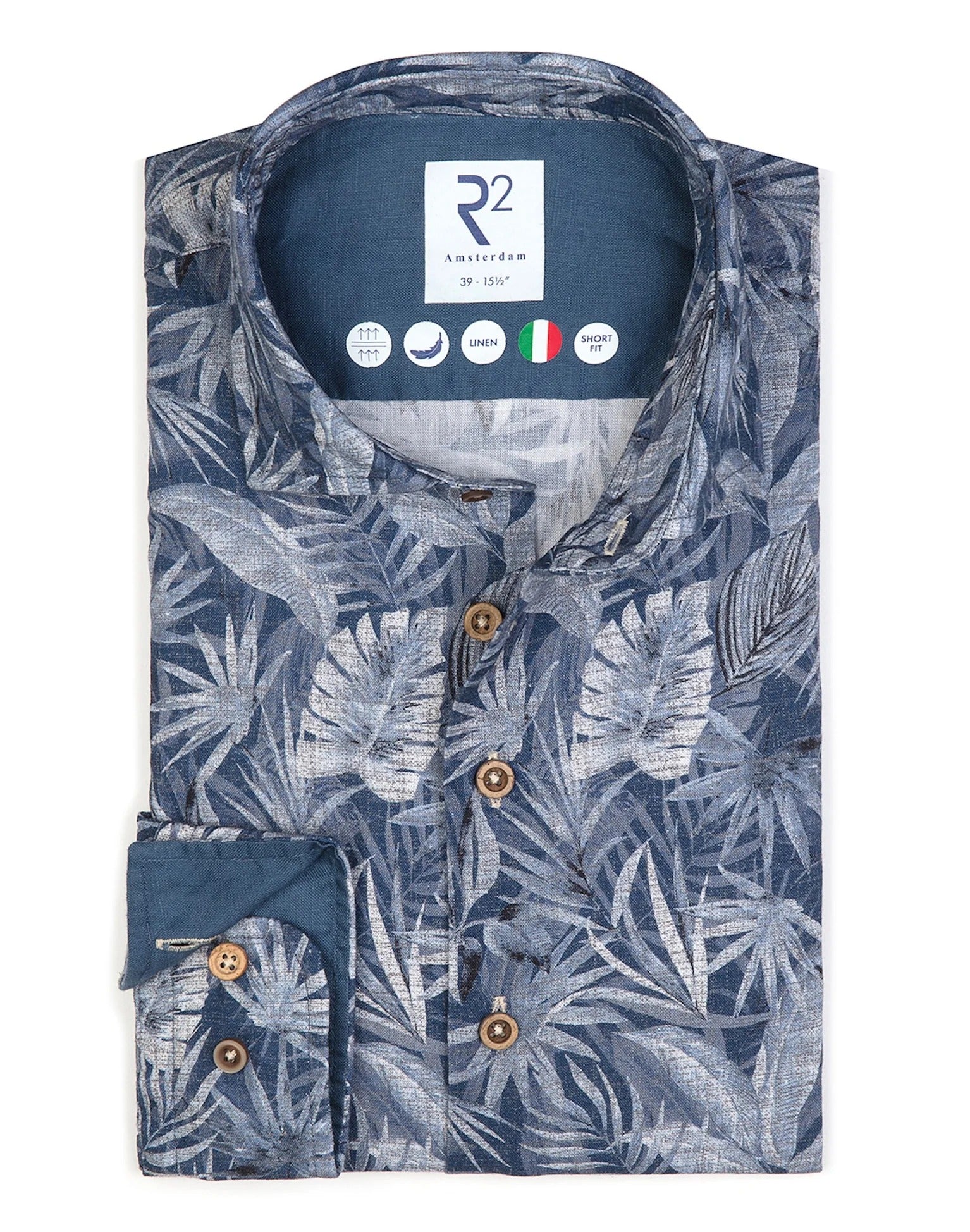 Brand Partner,R2 Amsterdam, R2 Amsterdam Blue Leaf Print Linen Shirt, Blue, Medium-44-Tag41