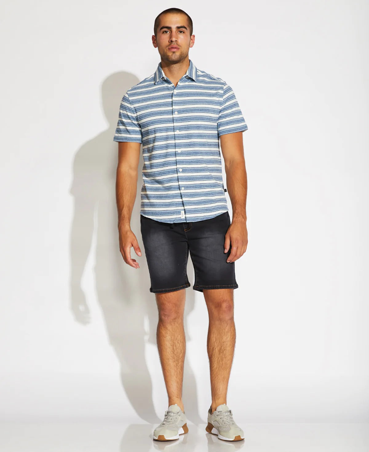 Wholesale,Civil Society, Civil Society Indigo Stripe Button Up Knit Short Sleeve Shirt, Blue, Large-44-TagL