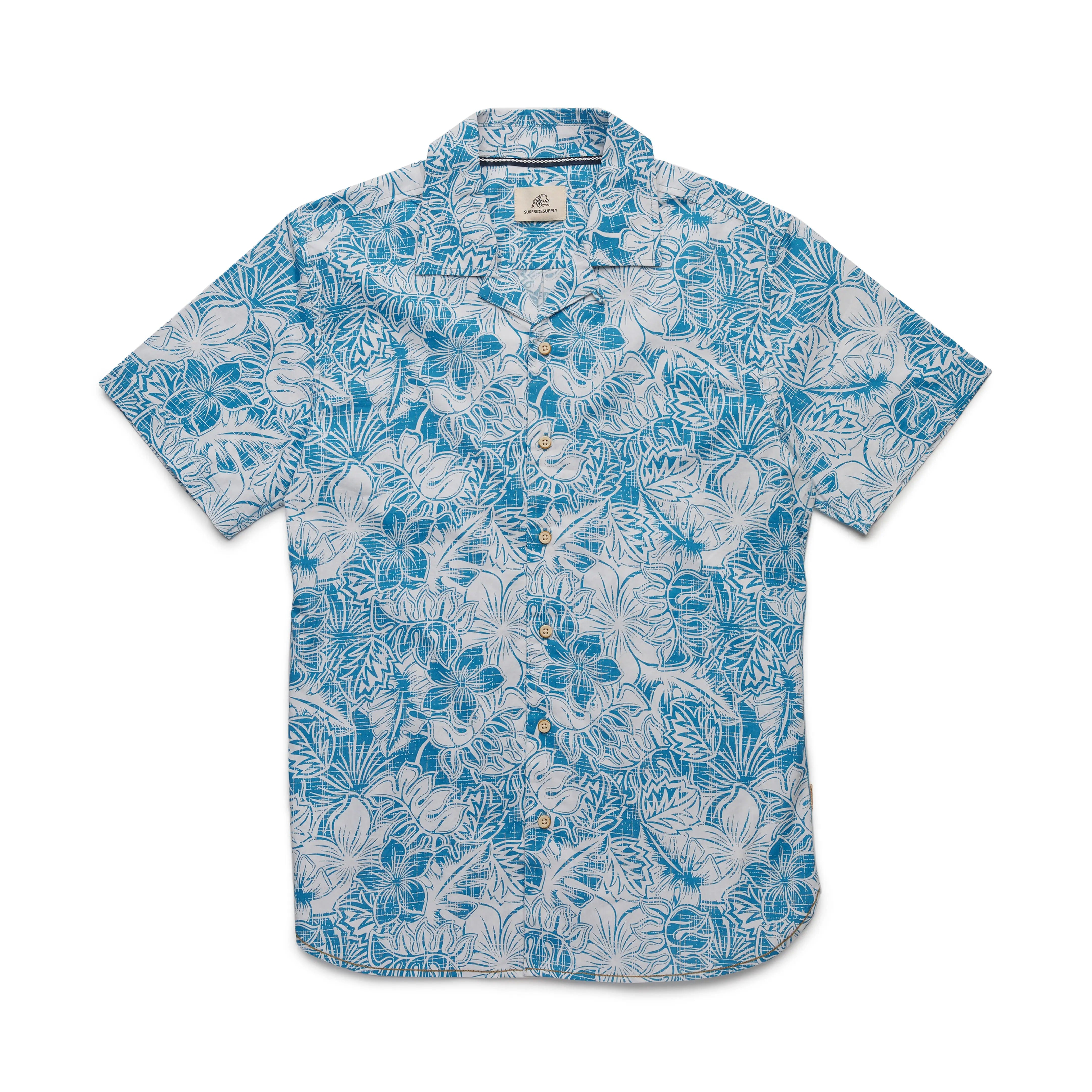 Faire,Surfside Supply, Surfside Supply Turquoise Blue Hawaiian Floral Print Camp Collar Short Sleeve Shirt, Blue, Medium-42-TagM