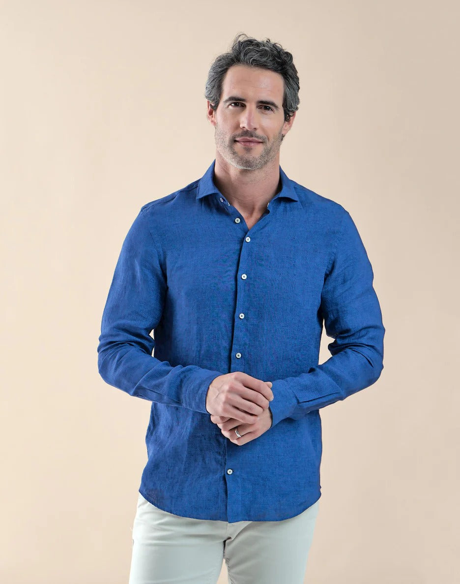 Brand Partner,R2 Amsterdam, R2 Amsterdam Navy Linen Long Sleeve Shirt, Blue, Large-46-Tag42